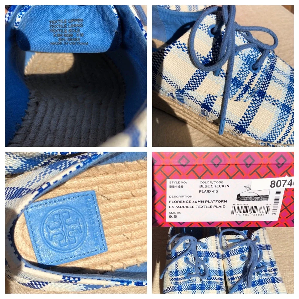 TORY BURCH Florence plaid platform espadrilles shoes size 9,5